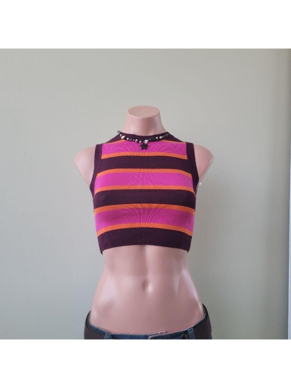 Zara Tangerine &amp; Bubblegum Contrast Knit Striped Summer Tank Top (S)